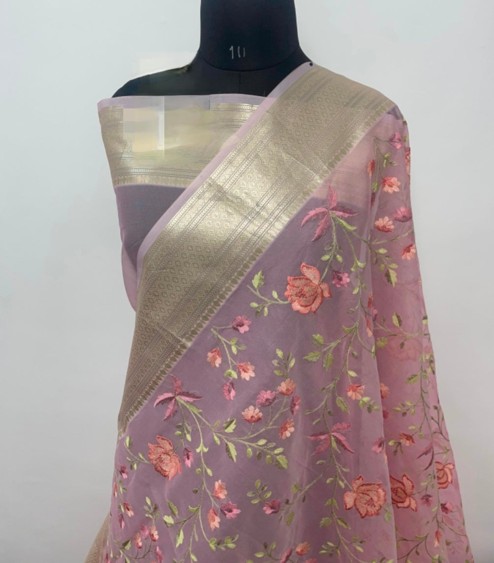 Embroidery Kora Organza Silk Saree