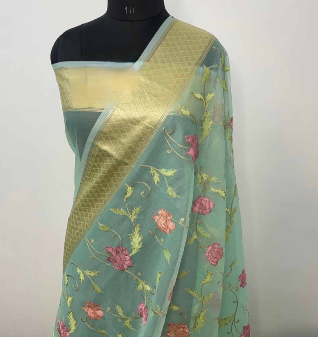 Embroidery Kora Organza Silk Saree