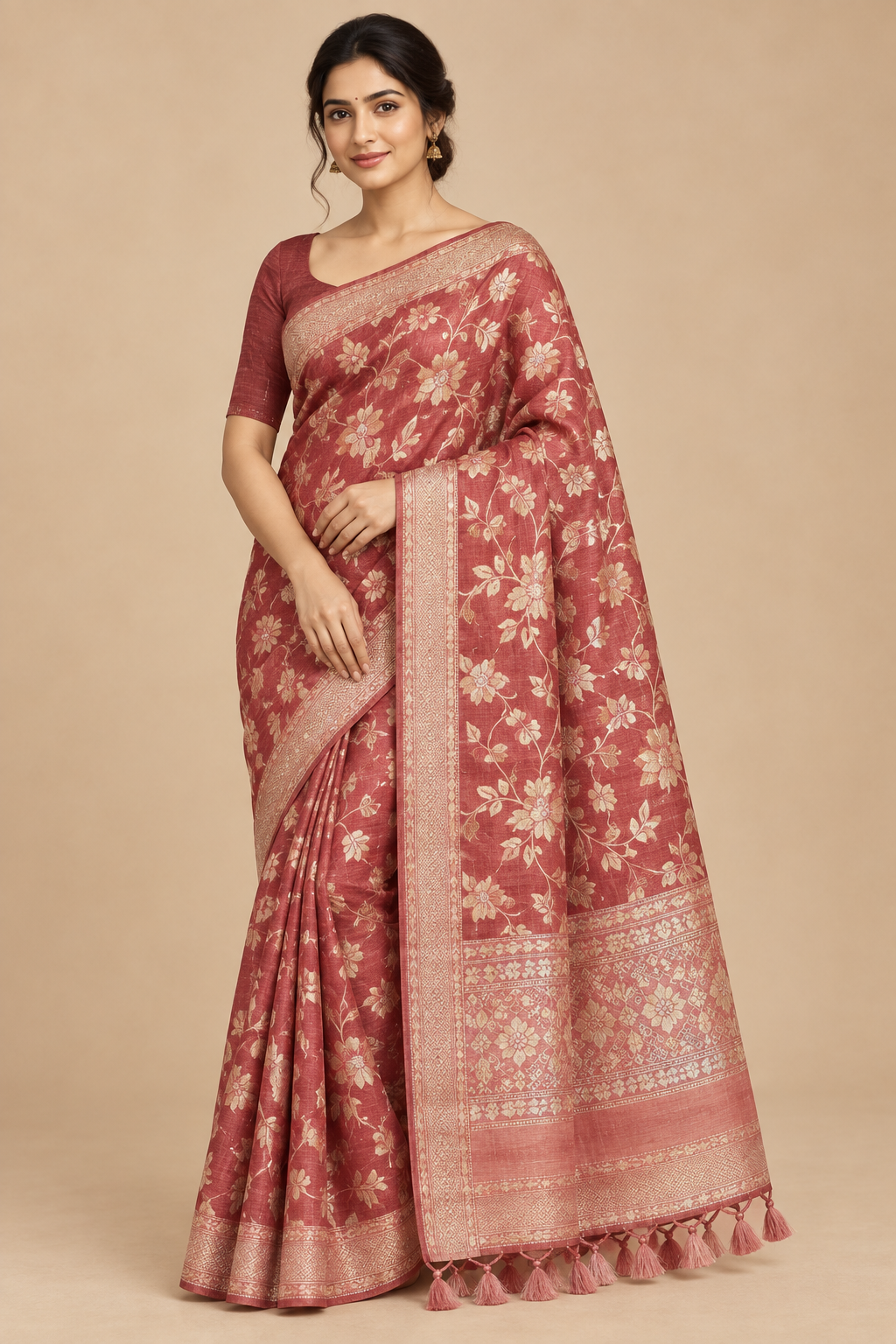 Maroon Linen cotton silk Sarees